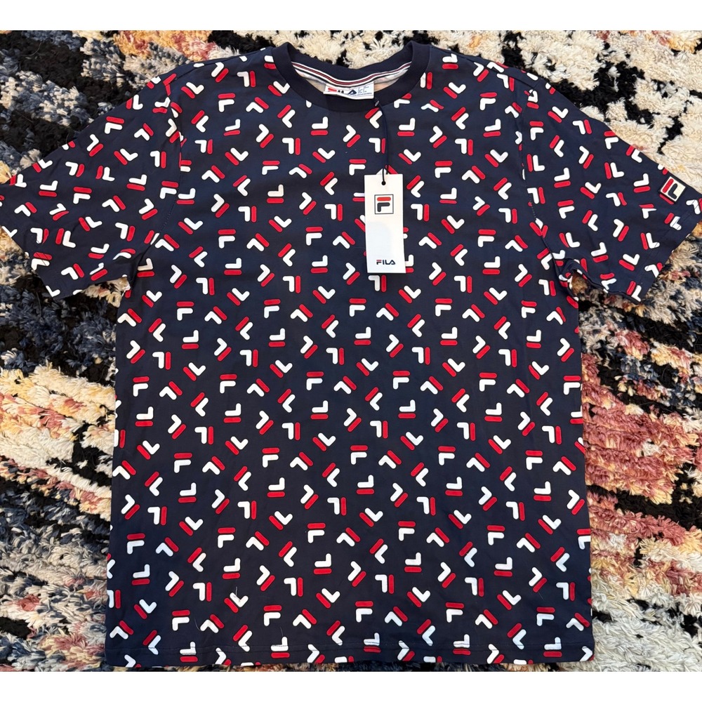 Fila Adam Tee Mens Large Navy All Over‎ Logo Print Cotton T-Shirt LM015821 NWT